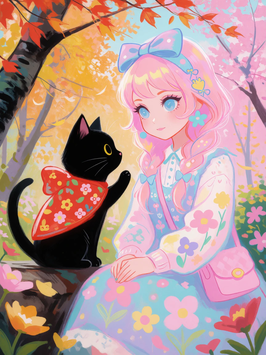 the season between autumn and grief, kitten and pastel kawaii woman at the park. floralpunk style