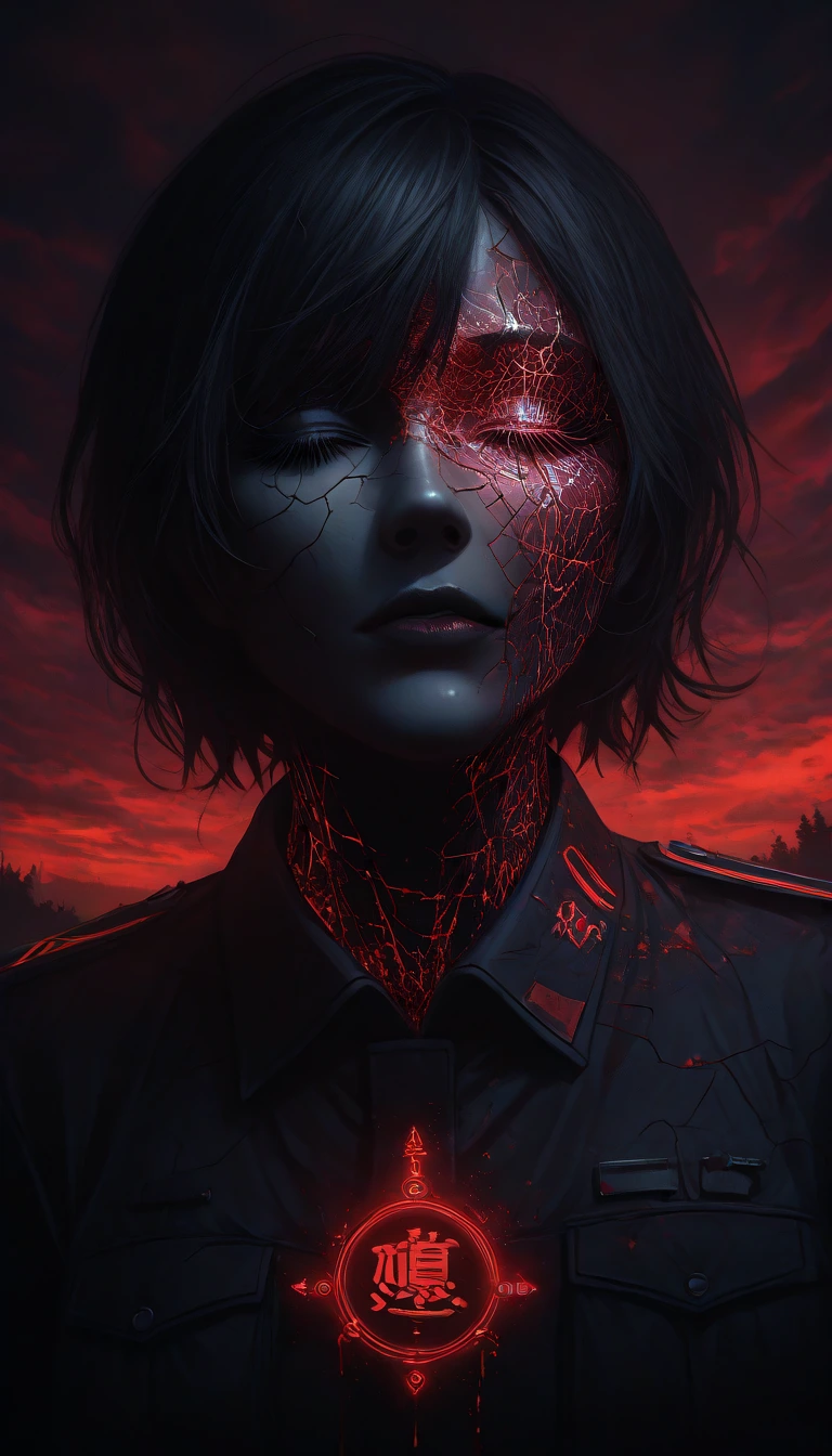 A photorealistic, hyper-detailed portrait of a male face with vibrant red, cracked skin texture resembling dried earth. The figure has eyes closed with long dark eyelashes, full lips, and is in a profile view. Intricate dark charcoal-grey and black f