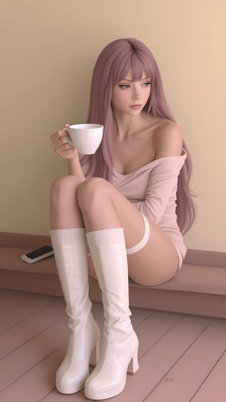 beautiful woman with a cat, pastel goblincore, wearing thigh high boots, morning coffee