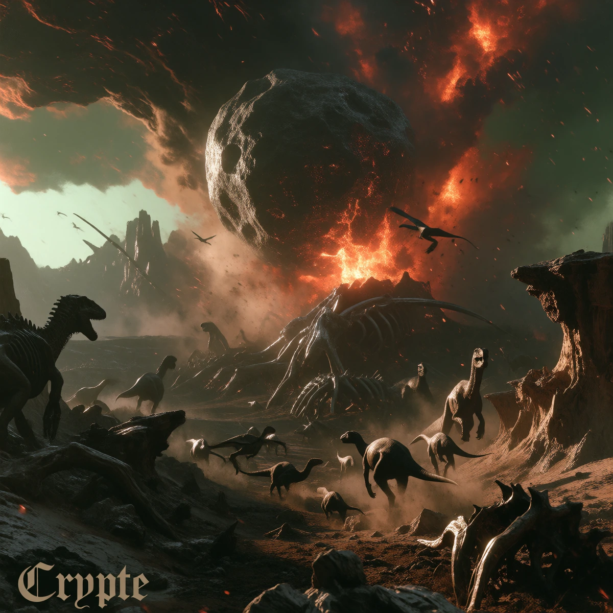 An apocalyptic prehistoric mass extinction event entitled ‘When Worlds Collide’, in the style of Zdzisław Beksiński. A colossal, crater-ridden asteroid crashes into a desolate and surreal prehistoric landscape, triggering a gigantic shockwave of fire