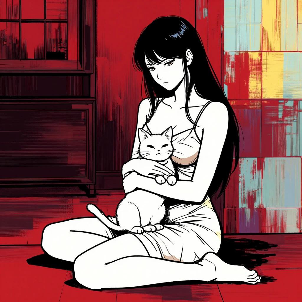 detailed 1woman in white mini skirt and top heavy lines dark broder sitting cross legged holding a cat, illustration