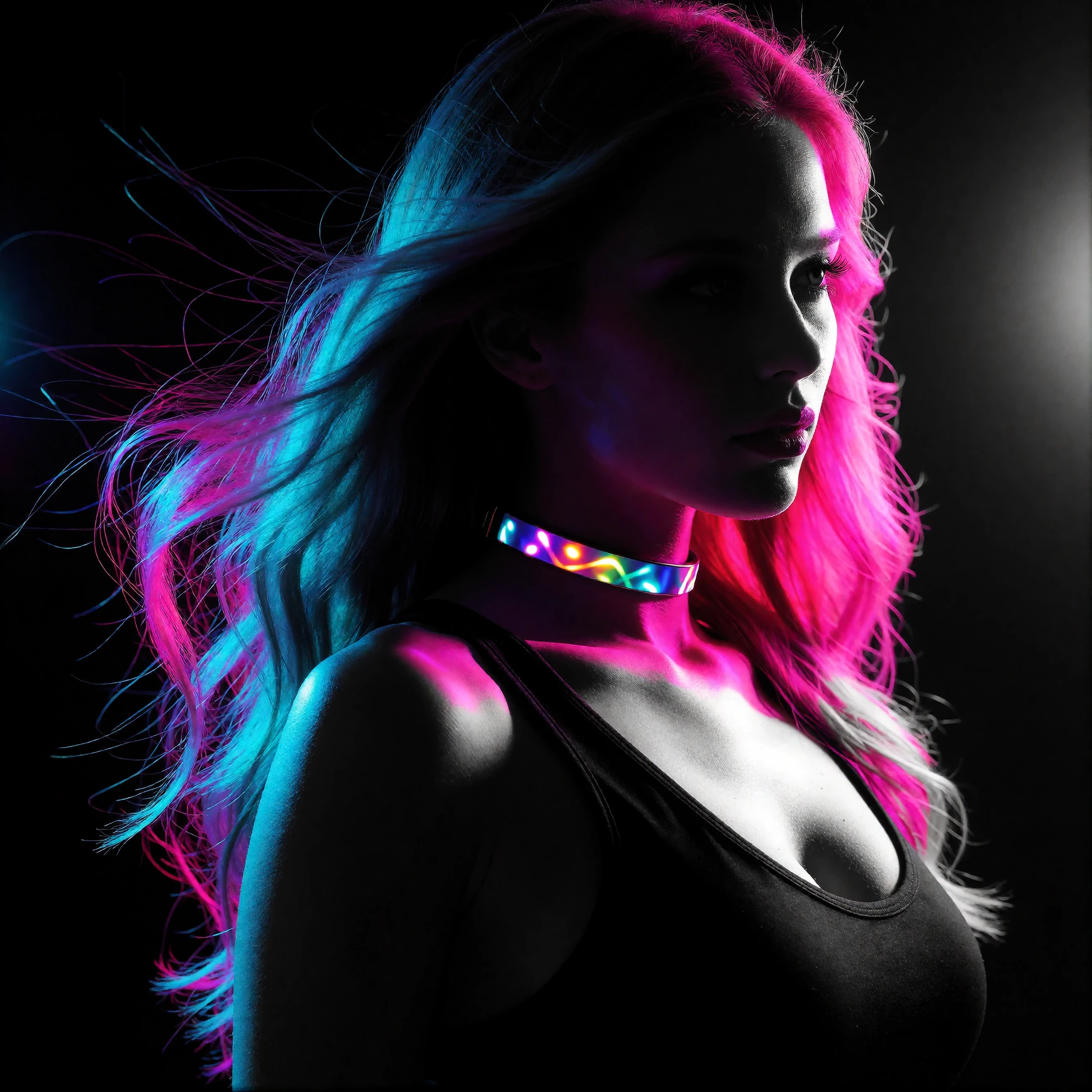 Woman with long flowing hair and a choker, photographed in a darkened studio, neon light sourcescyan, magenta, hot pinkpositioned to rimlight her silh