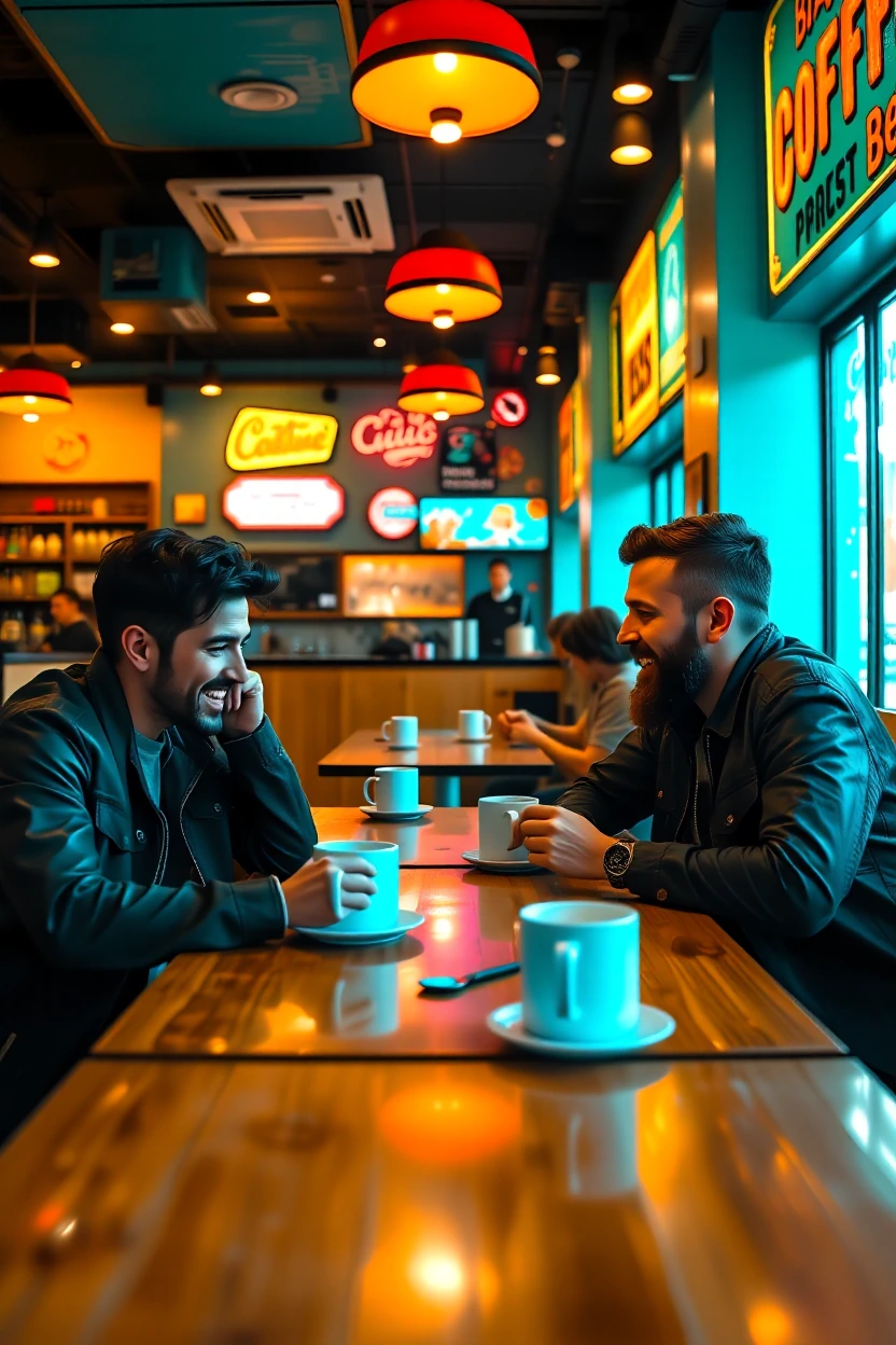 A vibrant mid-century modern coffeehouse filled with hipsters, 1950s-inspired interior with teal, orange, and black color branding — checkerboard floo