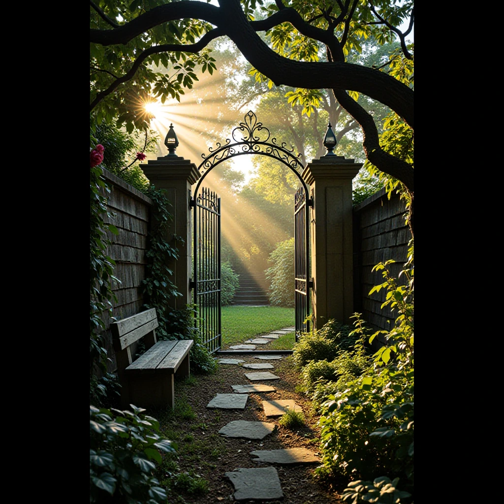 Hidden garden behind ornate iron gate, overgrown with wild vines and climbing roses, soft golden hour light filtering through ancient trees, dappled shadows on moss-covered stone path, weathered wooden bench partially concealed by lush vegetation, wa