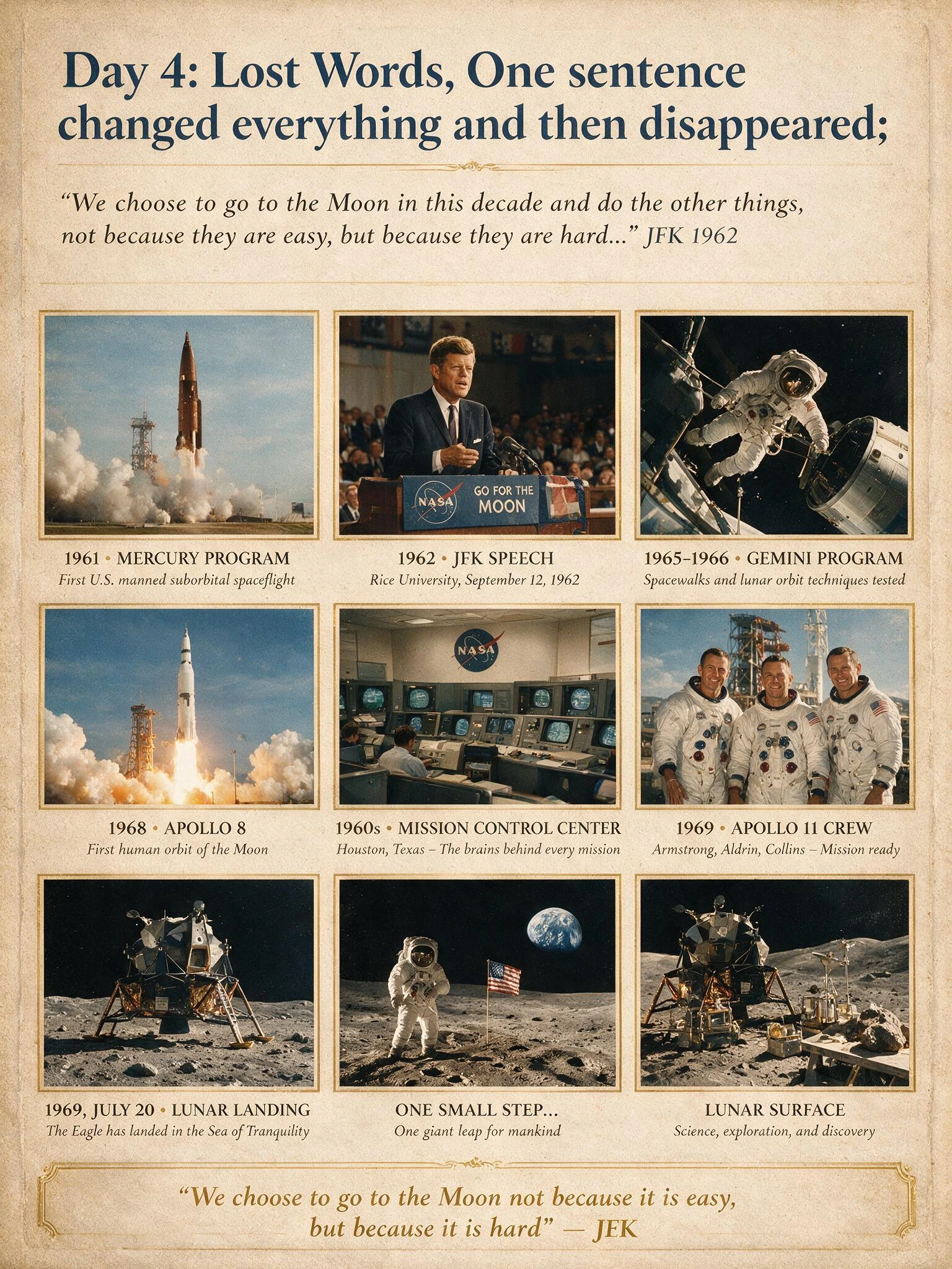 Day 4: Lost Words, One sentence changed everything and then disappeared; "We choose to go to the Moon in this decade and do the other things, not because they are easy, but because they are hard..." JFK 1962 Montage of the US Space Program up to and