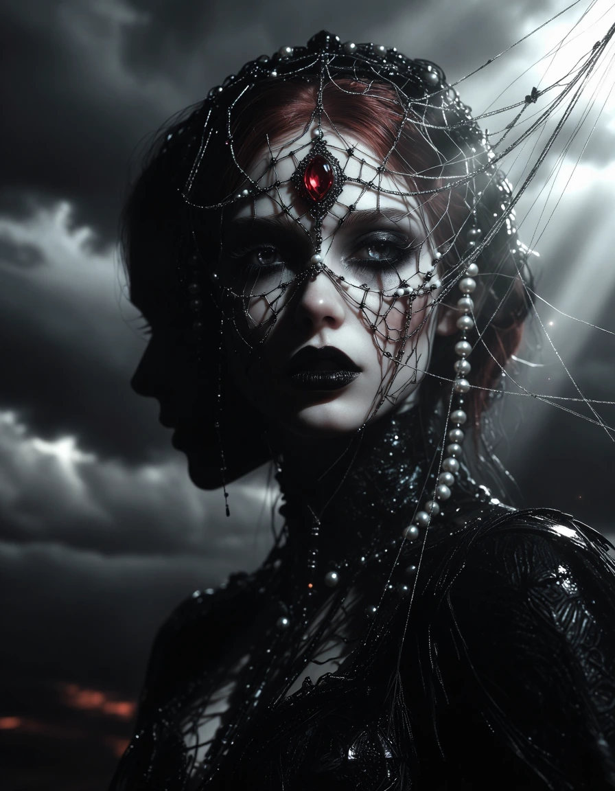 AI Digital Art portrait of a mysterious gothic woman with pale skin, intense black emotive eyes, dark makeup, and reddish hair, black lipstick, her face partially veiled by an intricate spiderweb like network of delicate silver threads, chains, and d