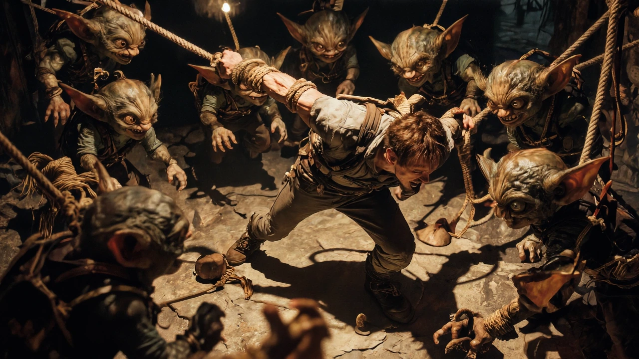 Desperate man in tattered clothes pulled apart by a chaotic swarm of mischievous gremlins, each small creature gripping thick frayed ropes bound aroun