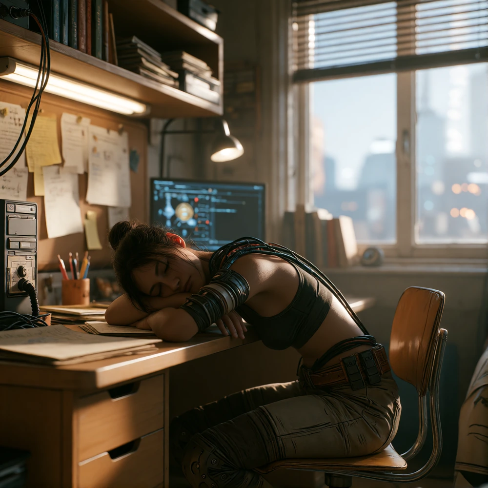 woman sleeping on her desk, study room dorm, tech wires future borderlands style