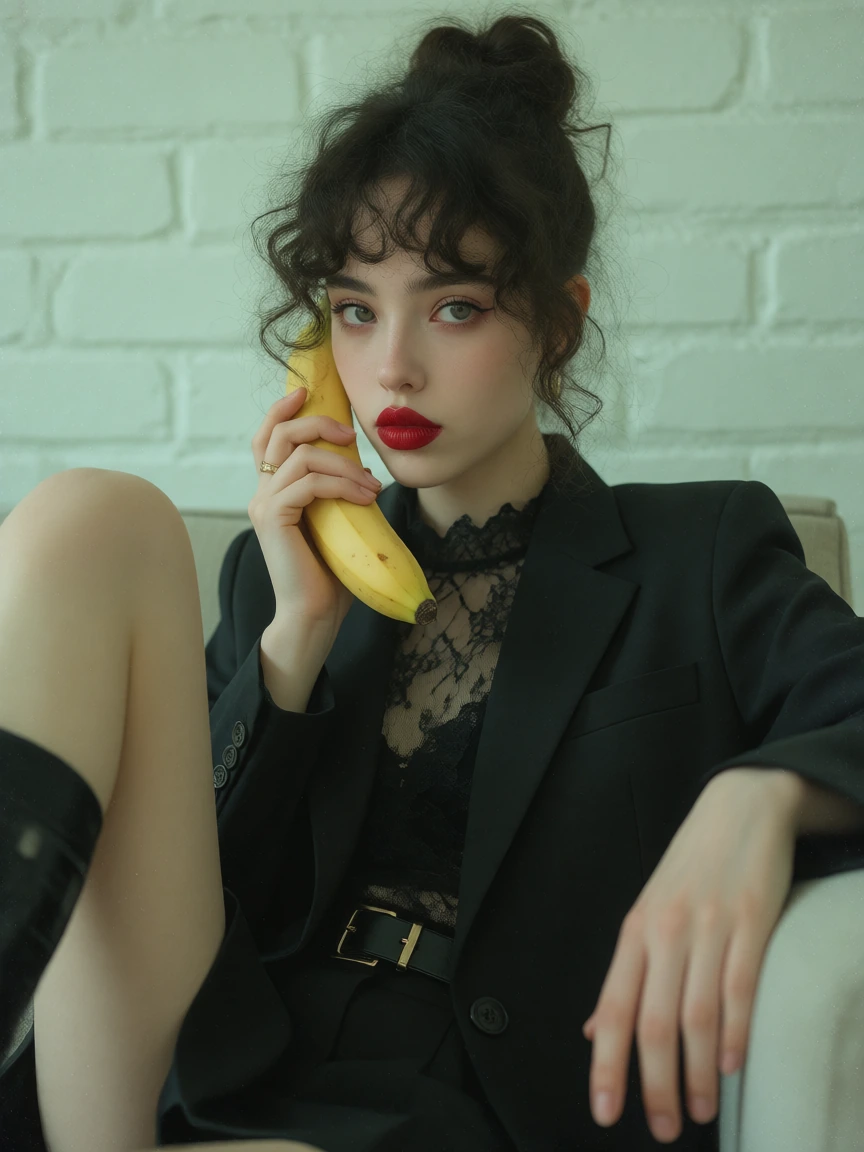 photography, shot on 50mm lens of a young woman, wearing modern fashion dark gothic-style clothing, sitting on the couch launging holding a banana to her ear like a phone, dark curly hair messily tied up, exaggereted make-up, pale skin, dark eye circ