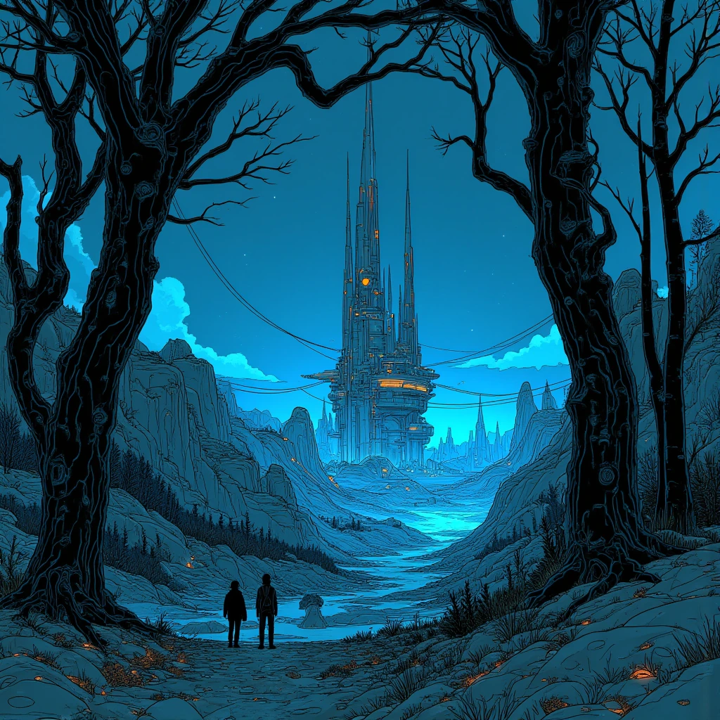 The image depicts a surreal and otherworldly landscape at night. The scene is dominated by tall, twisted trees with gnarled branches and rough, textur
