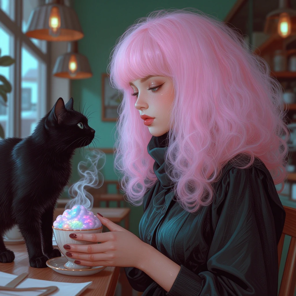 A serene woman with cotton candy galaxy hair sitting in a dreamy pastel café, her black cat perched on her shoulder, both gazing at a steaming latte with shimmering cosmic foam