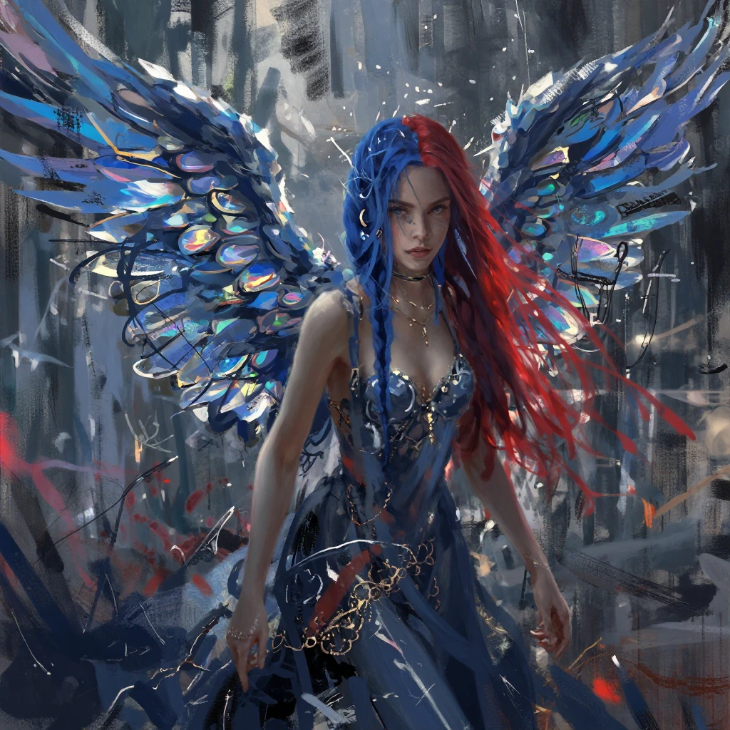 gorgeous hyper realstic sorceress who looks like kate beckinsale in a magical forest, large blue crystal wings surround her body, blue hair, long red 