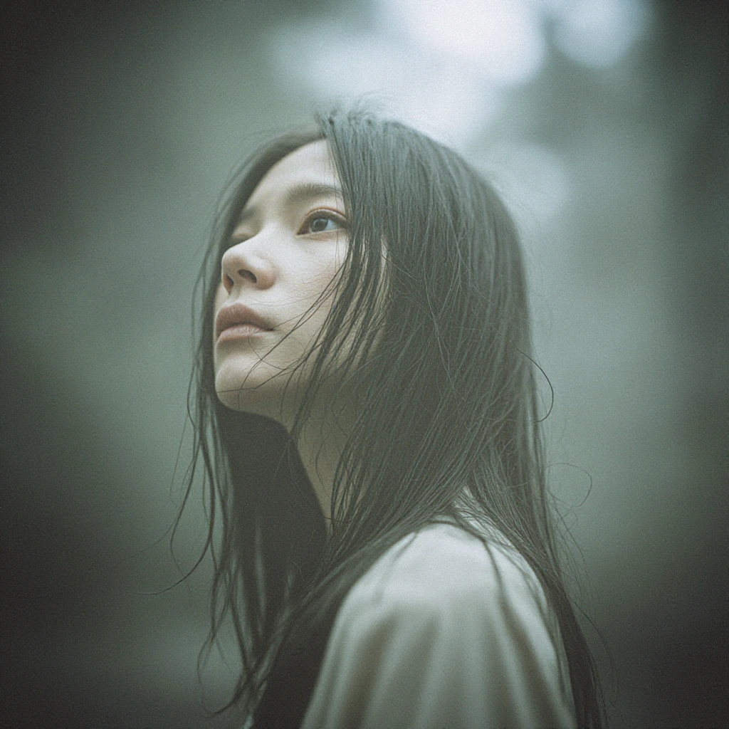 ethereal portrait of a lone figure in misty forest, soft light filtering through