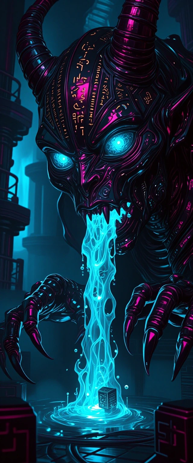 A hyper-detailed, macro-photography portrait of a transcendent, apex demonic entity made entirely of highly polished, Vantablack-like obsidian. The entity’s surface is intricately etched with microscopic, glowing gold cuneiform script and binary code