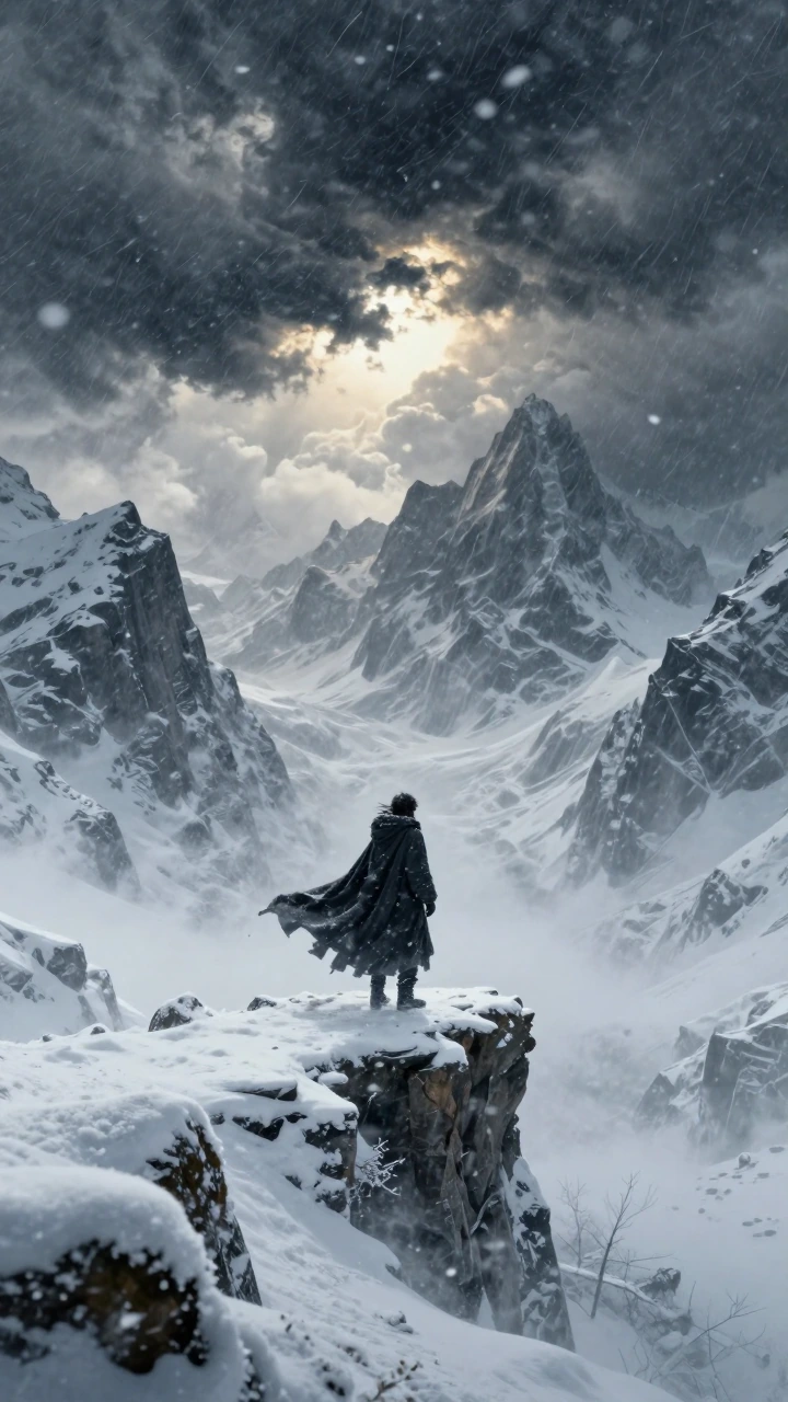 Ultra-detailed 9:16 vertical cinematic fantasy landscape, lone wanderer in dark flowing cloak standing on a narrow icy ridge during a heavy blizzard, fierce wind whipping snow violently around him, massive jagged snow-covered mountains barely visible