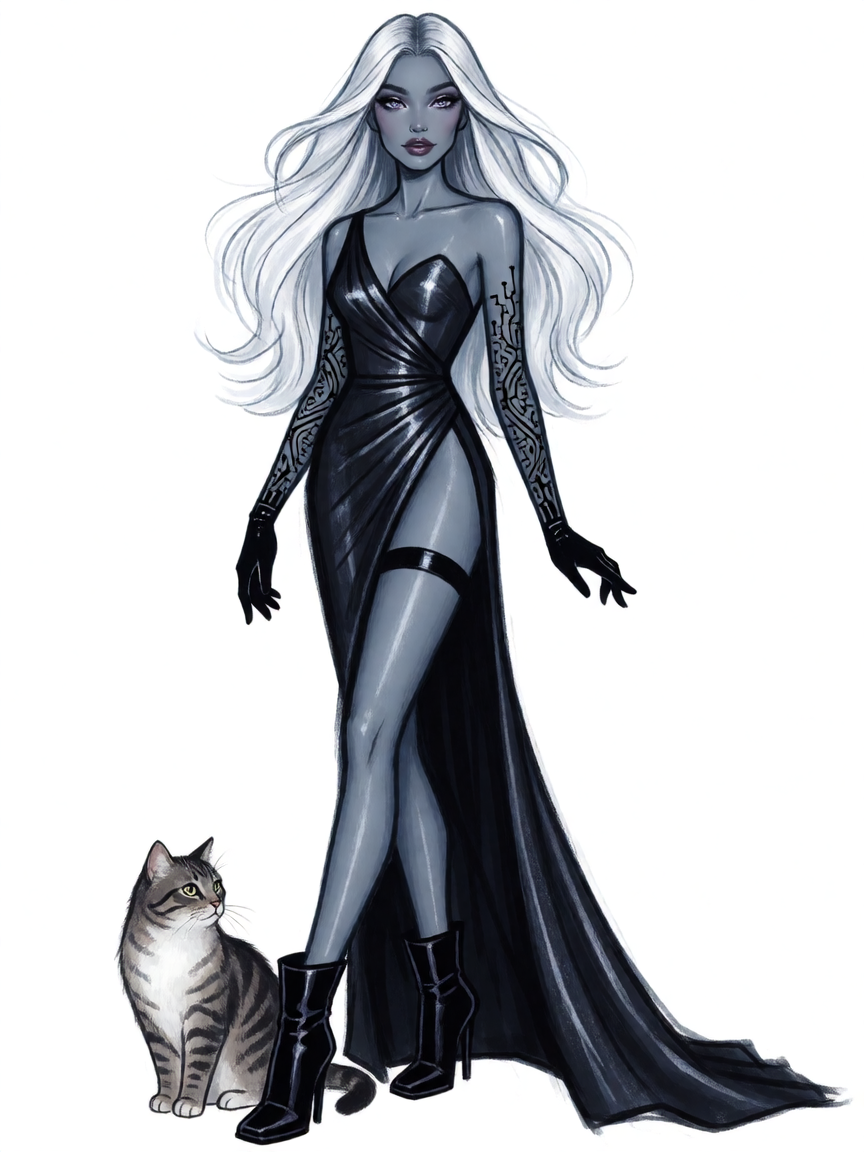 Fashion illustration. Woman gray blue skin with long white flowing hair. She wears a slinky gown that has a huge slit up one side, reaching her hips.