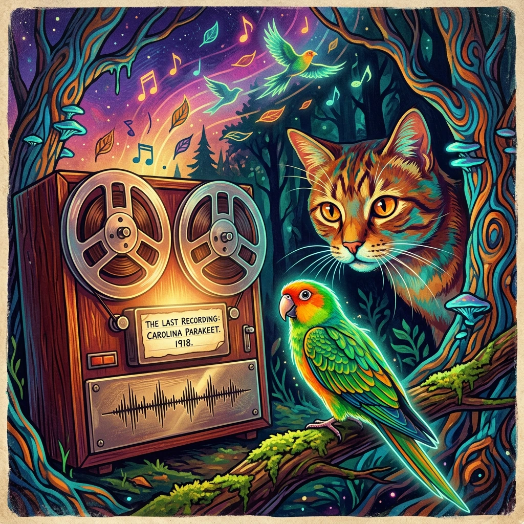 the last recording of an extinct bird. A cat watches. Artsy surreal colorful