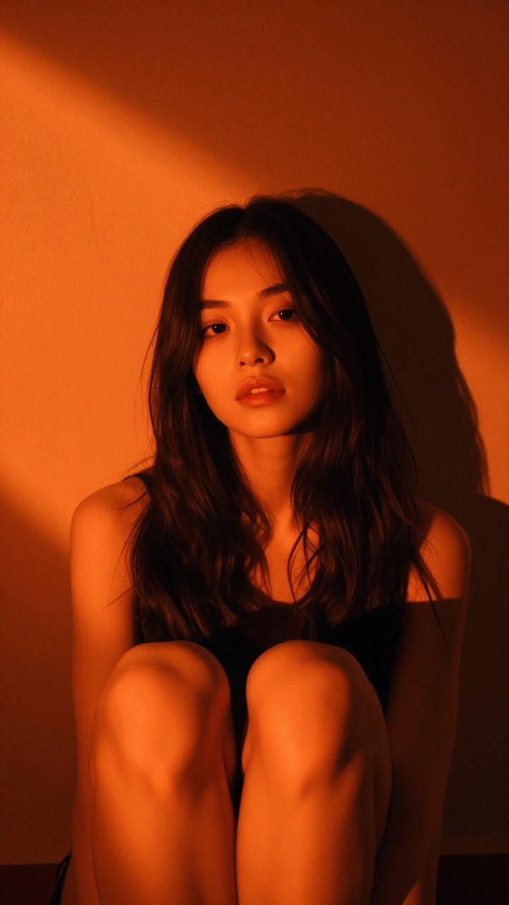 A cinematic chiaroscuro portrait of a young woman seated in darkness. The lighting comes dramatically from a harsh point source to the left, intensely illuminating only the left side of her face, her shoulder, and her knees, while the rest of her bod