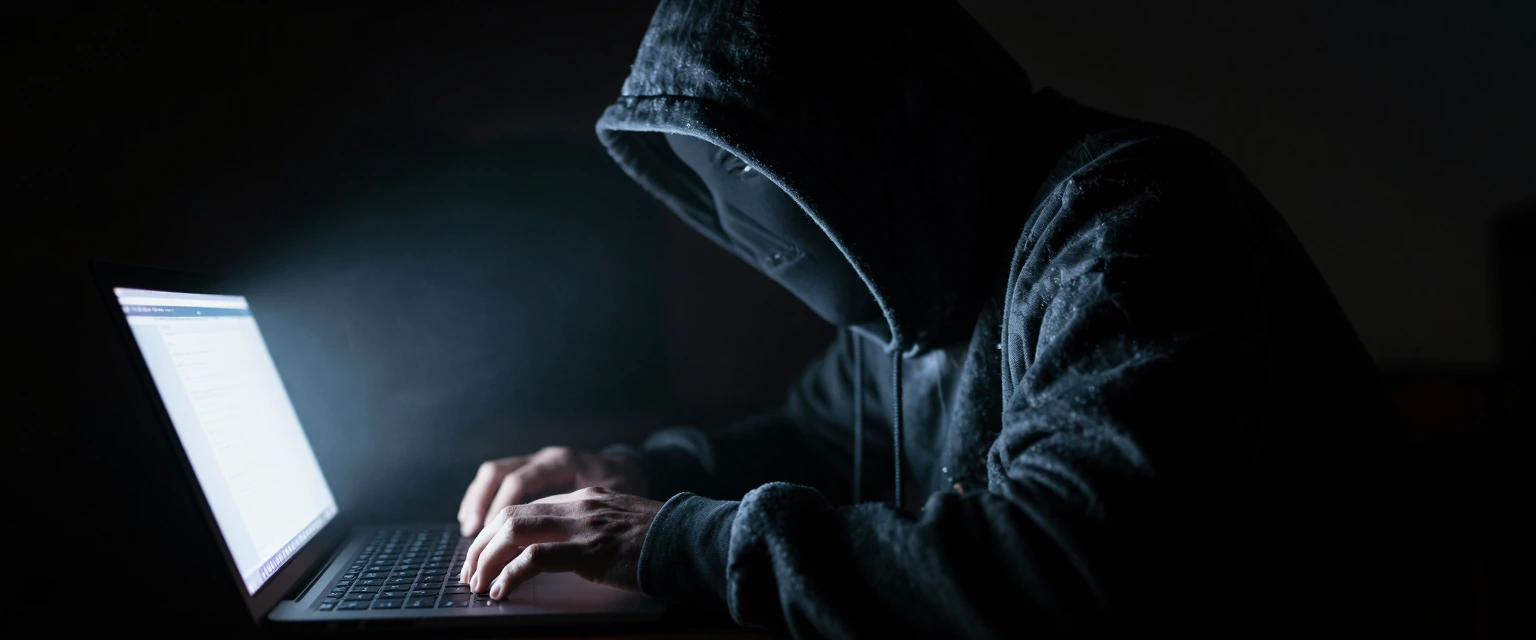 Render a mysterious hooded figure hunched over a glowing laptop in a pitch-black room, face completely obscured by a deep charcoal hoodie casting heavy shadows across all recognizable features. The cold blue-white luminescence of the screen becomes t