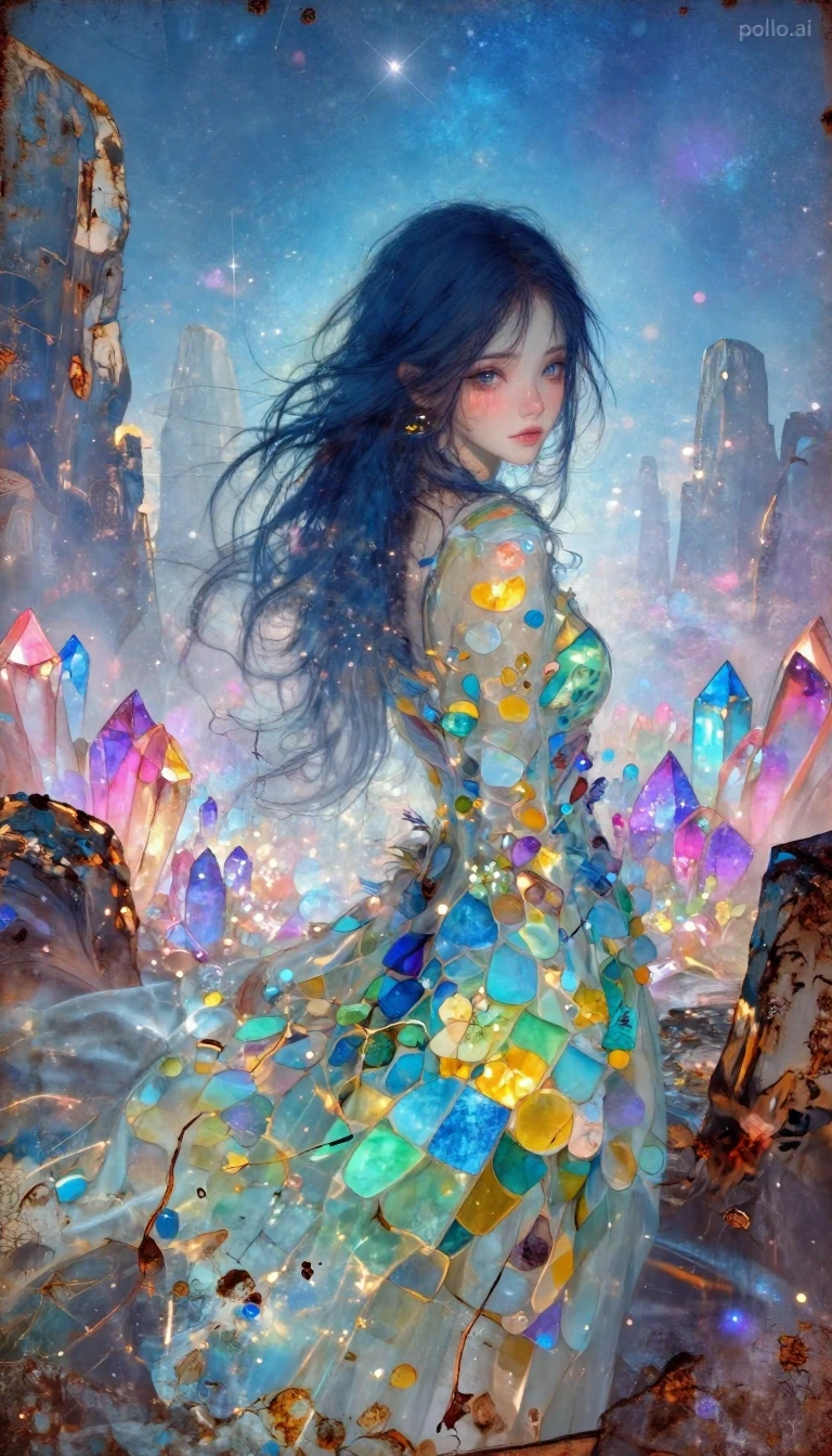a highly detailed digital painting in a fantasy art style, it depicts a young woman with long, flowing, dark blue hair cascading down her back, she ha