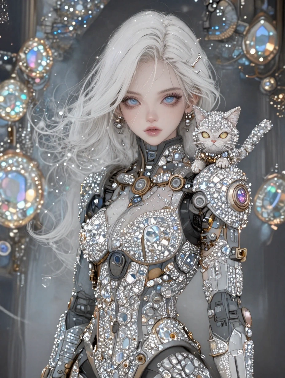 Beautiful woman in a sleek diamond steampunk futuristic mech jumpsuit covered in diamonds. Diamond cat on shoulder. White Ombre hair. Jewel background. Anime photo mixed. Cinematic airbrushed style.
