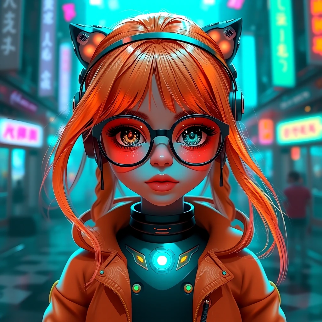 a very cute doll with orange Hair dressed in glasses, in the Style of futuristic digital Art, flowerpunk, shiny/glossy, dark teal and orange, charming characters, lively colors