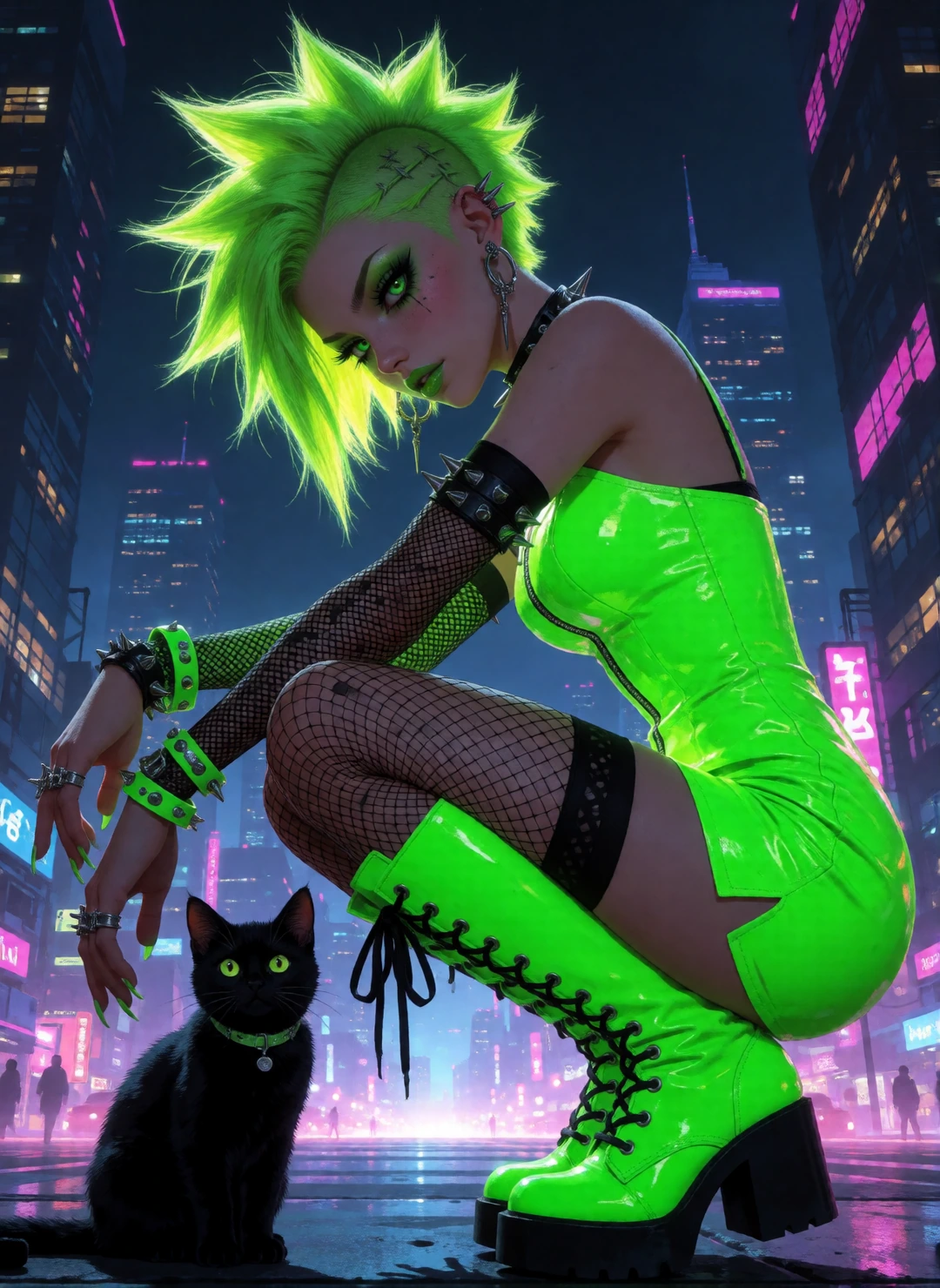 Neon green punk woman with her cat, cyberpunk city at night. Neon green, mini dress and boots.