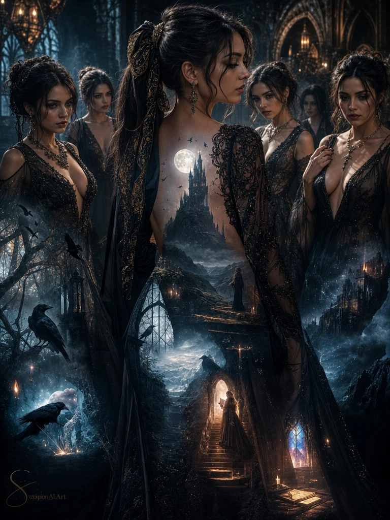 Prompt: Create a hyper-realistic cinematic double exposure masterpiece featuring a breathtaking brunette with a long high ponytail, elegantly restrained with ornate silk ribbons in an ancient gothic chamber. She wears a glamorous, form-fitting black