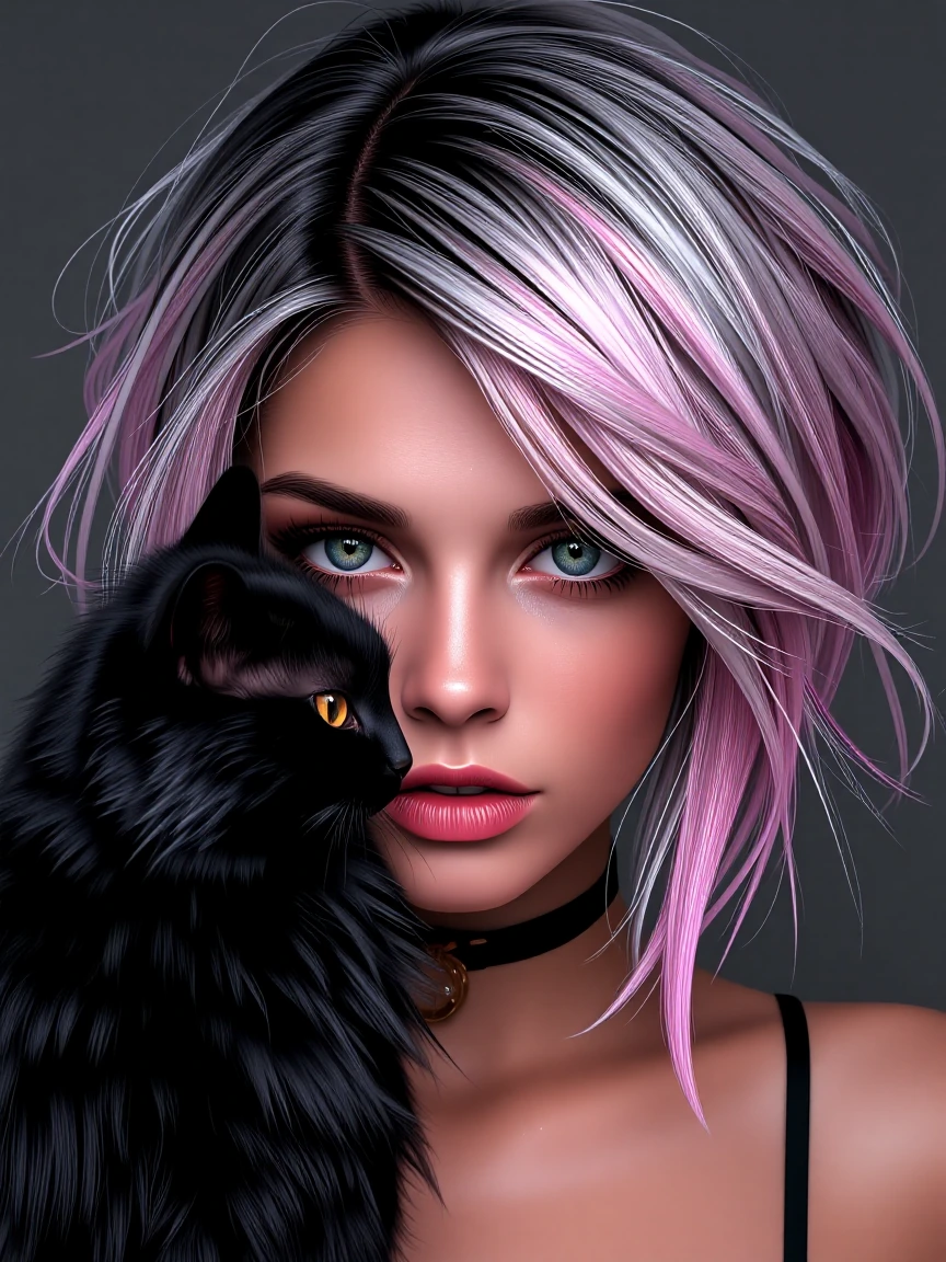 Woman, platinum, black pink ombre hair with a cat