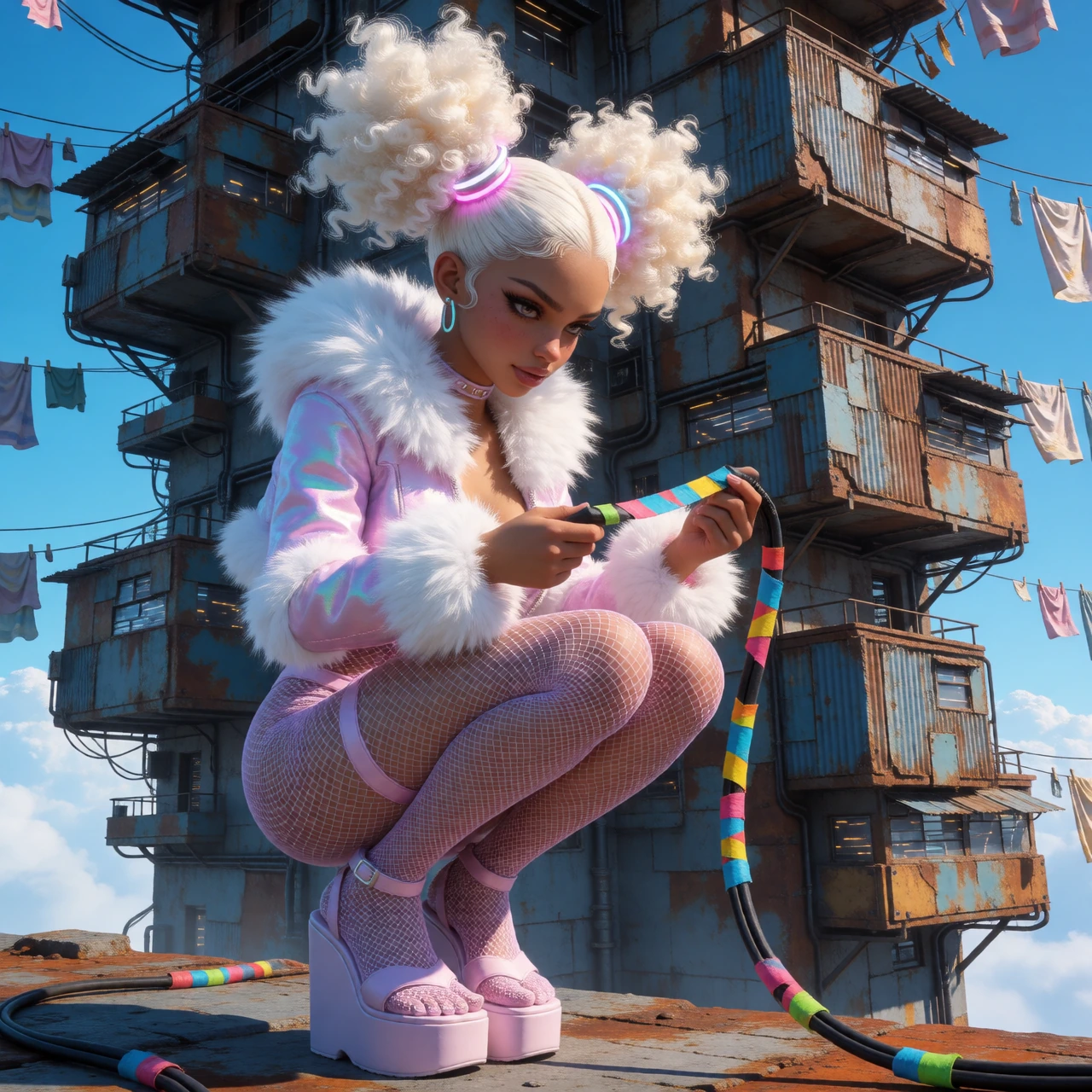 A young woman with platinum-blonde afro puffs held by LED-lit hair rings showing matte micro-scratches on bezels, donning a faux-fur-trimmed cropped coat with matted pile at collar contact points over a mesh playsuit with seam elongation at thigh, pl