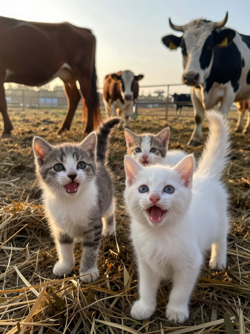 Sunrise kittens on the farm. Realistic amateur photograph. High energy. We see cows in the background and a horse.