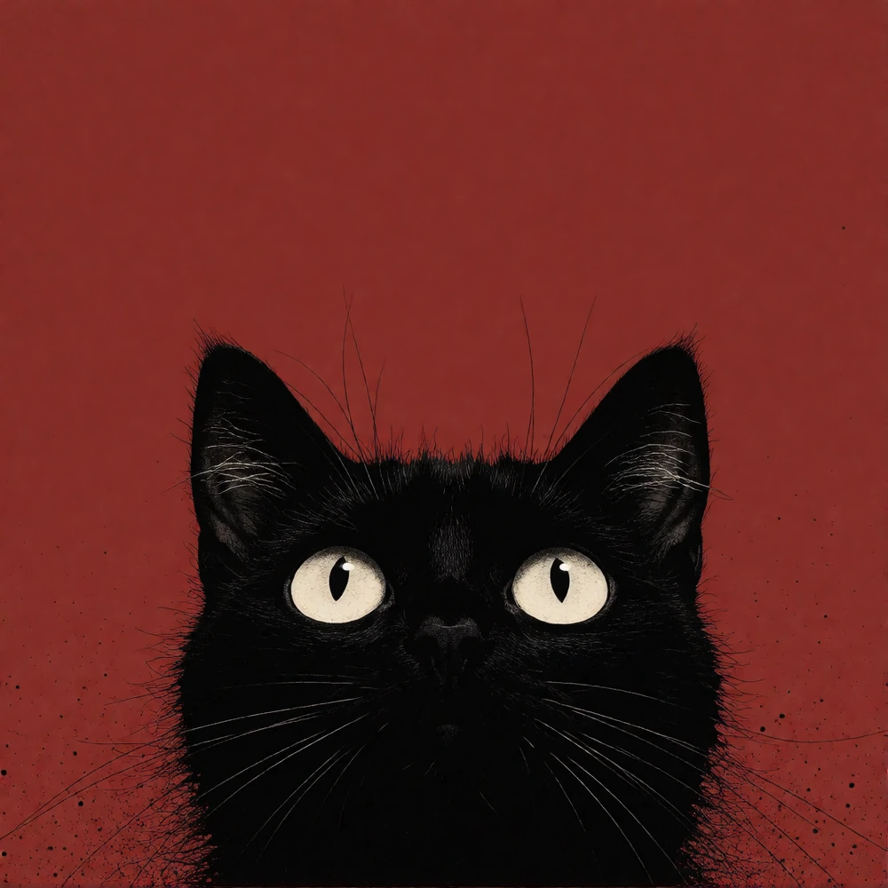 Minimal illustrated poster of a black cat occupying only the lower half of the frame, staring upward with wide white oval eyes, tiny black vertical pupils, sharp triangular ears, scruffy fur edges, delicate whiskers, and a small barely visible nose. 