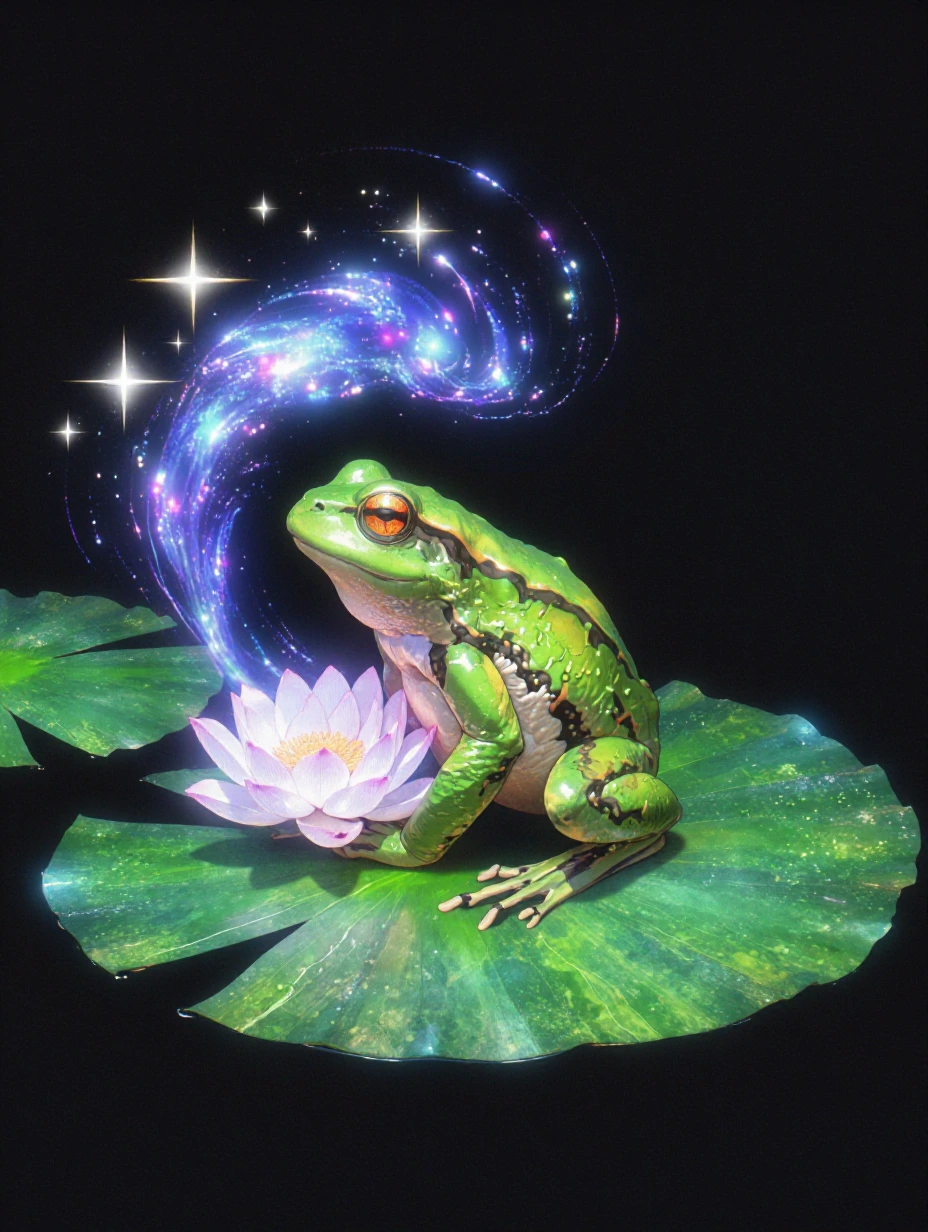 artwork of a frog on a lily pad, galaxy swirls, lights and sparkles,