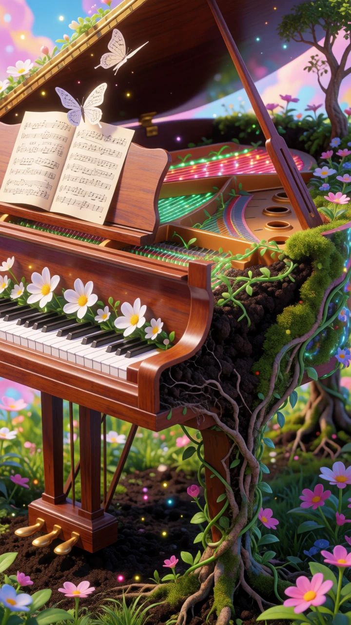 A grand piano mid-transformation into a garden: its wooden body splits open with dark soil and roots spilling out, white keys becoming flower petals, internal strings glowing as green vines. Sheet music pages drift upward transforming into butterflie