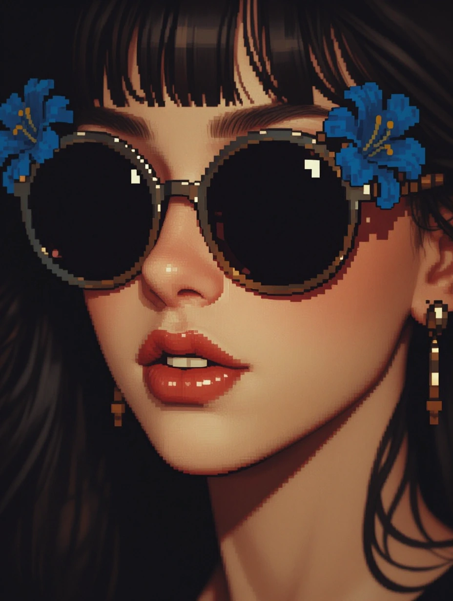 In the image, a person is captured in a close-up shot, their face partially obscured by a pair of sunglasses. The sunglasses, which are the main focus