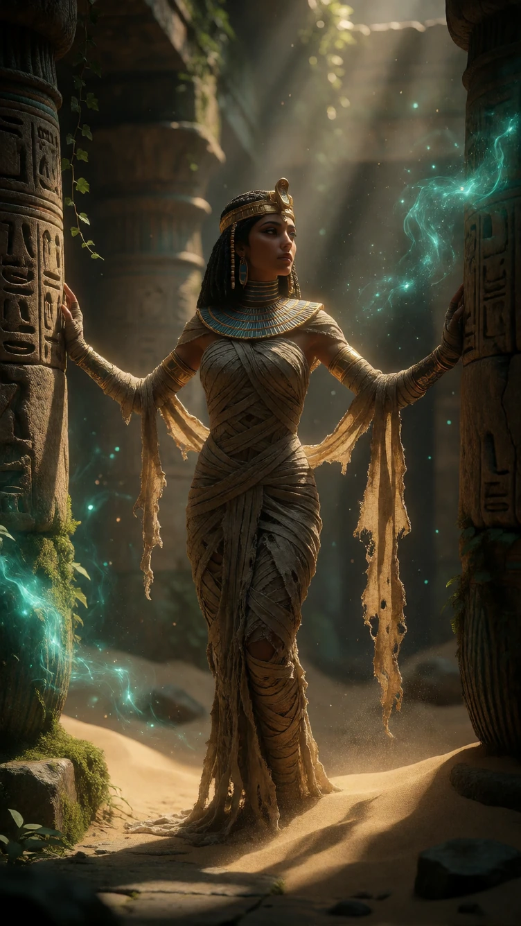 A low-angle, cinematic fantasy photograph of a beautiful, awakening Egyptian queen mummy. She is draped in intricate, weathered, tattered linen mummy bandages styled like an elegant dress that clings and parts naturally. She wears an ornate ancient E