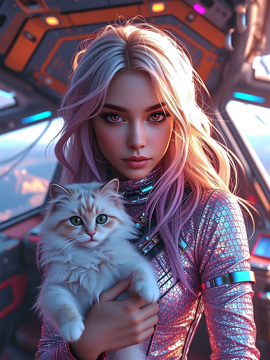 Woman, silver pink ombre hair with her fluffy cat on the spaceship. Sparkly jumpsuit glistening in the sun. Soft cinematic rendering.