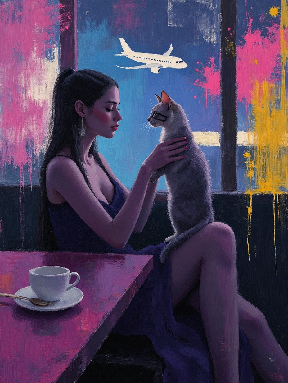 Beautiful woman, with a cat at an airport cafΓ©. We see a plane, taking off outside the window.