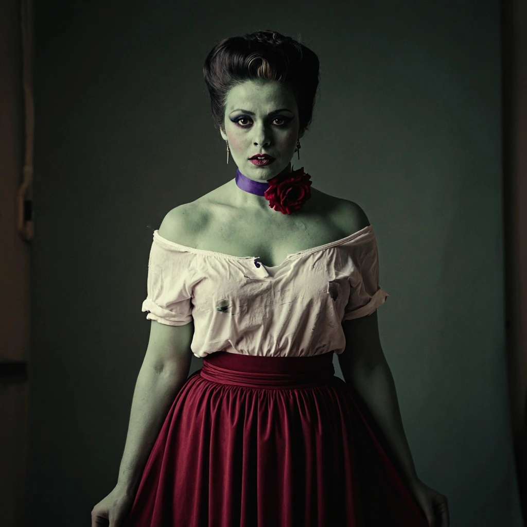 adult gothic pin-up woman with green skin, high black beehive hair with pale streak, red flower, purple ribbon choker, torn white off-shoulder blouse,
