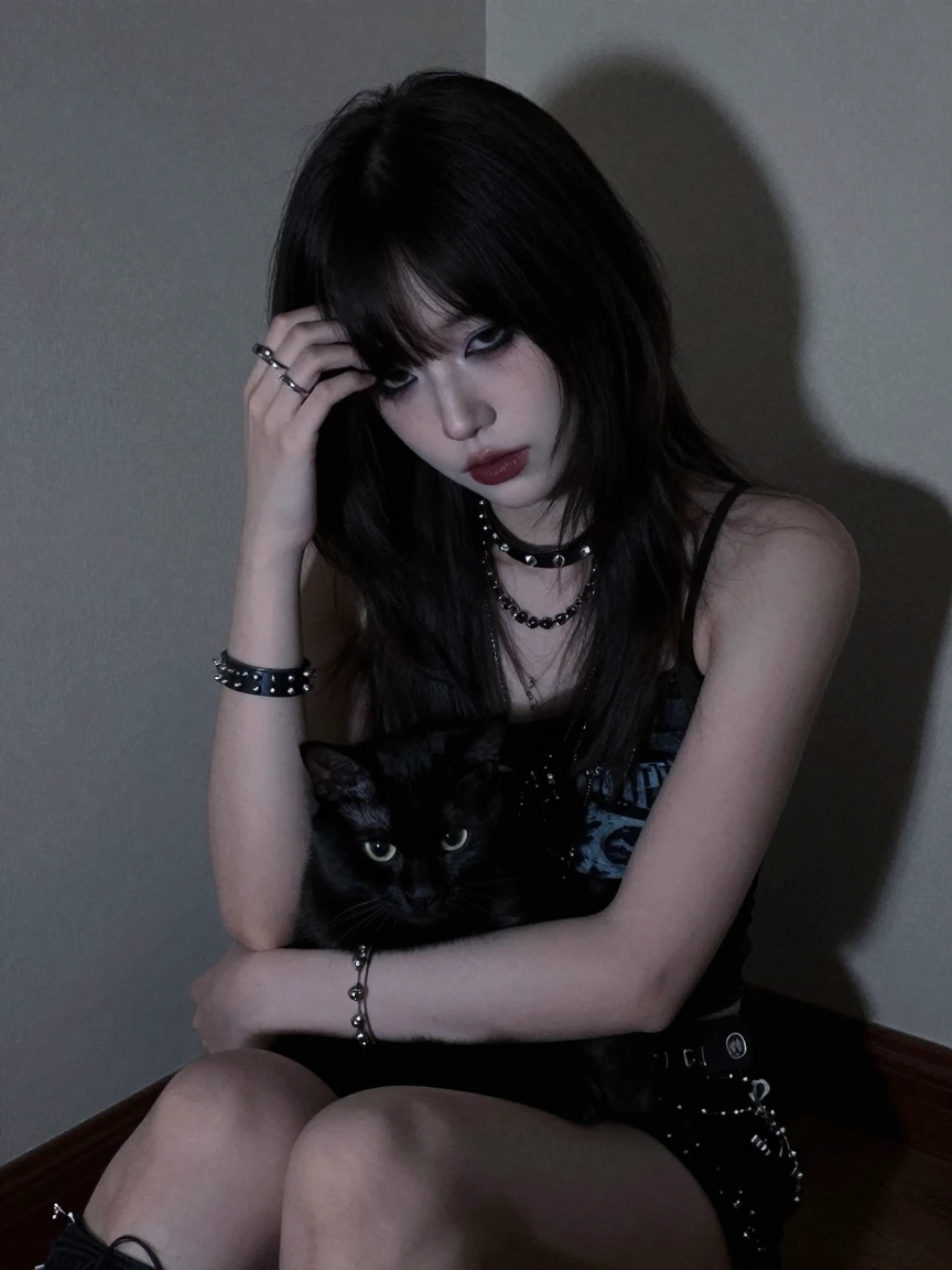 emo girl with black cat, different pose, heavy black eyeliner and dark hair covering one eye, studded accessories and rings, sitting on floor against wall, cat curled in lap, moody bedroom atmosphere with dim lighting, emotional vulnerability, cool t