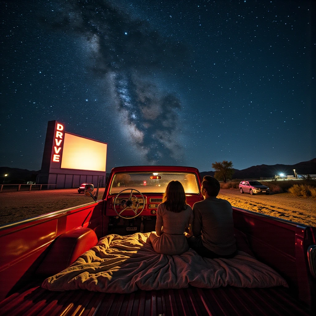 Vintage drive-in movie theatre at night, retro neon signage glowing warmly, flickering movie screen casting soft cinematic light, 1970s pickup truck p