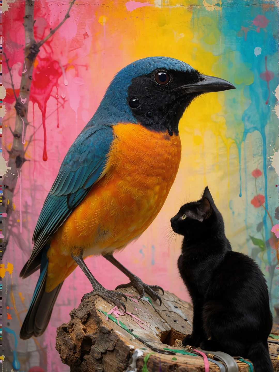 the last recording of an extinct bird. A cat watches. Artsy surreal colorful