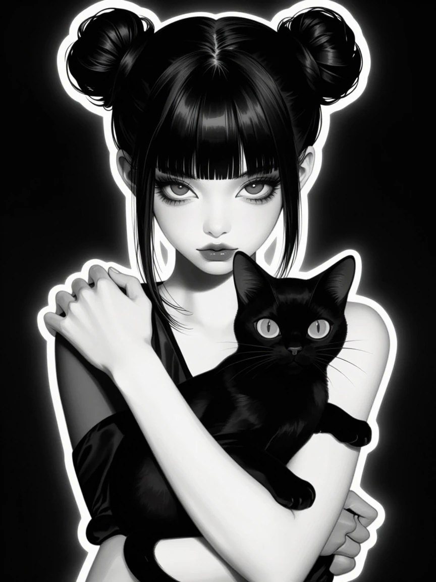 Anime girl with twin buns and bangs holding black cat, high contrast black and white illustration, neon glow effects, cyberpunk aesthetic, dramatic rim lighting, dark background, manga art style, ethereal and mysterious atmosphere