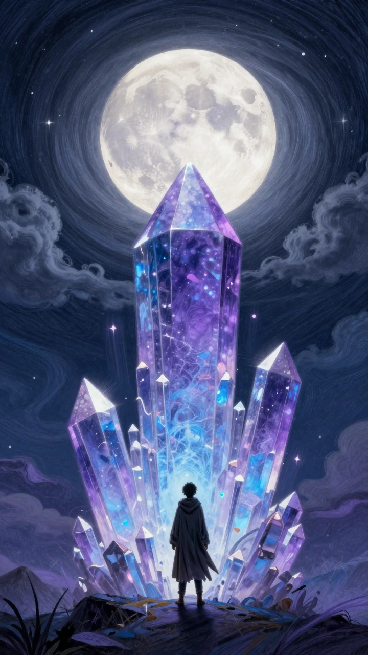 9:16 vertical cinematic fantasy night scene, lone wanderer in cloak looking up at a massive glowing purple and blue crystal spire under a giant full moon, swirling dark clouds and stars, soft light beams from the crystals, peaceful and majestic noir