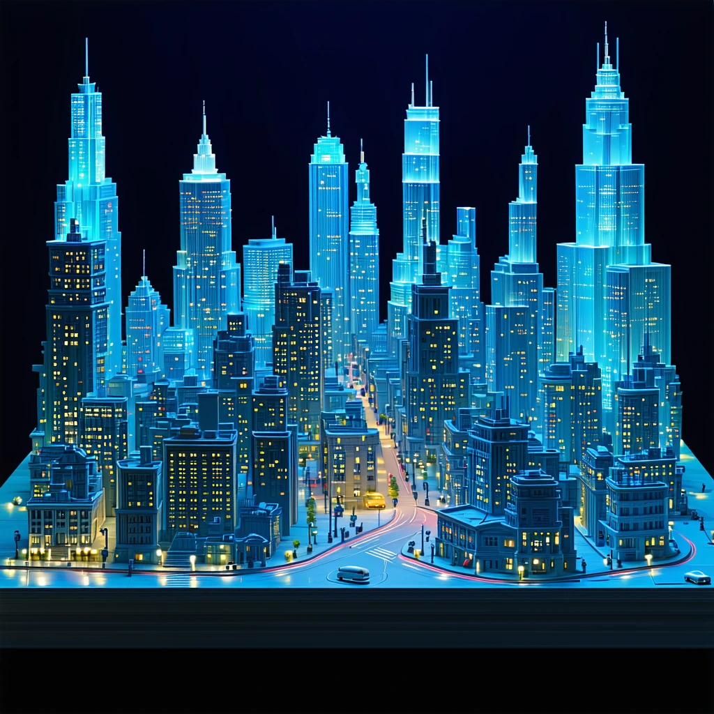 Under my bed there exists a city. Much like the one from the movie "Little Monsters." Or like the diorama from the movie "Beetlejuice." Use dynamic contrast and sharp color transitions. Add subtle hues of light, like street lights from another relm.
