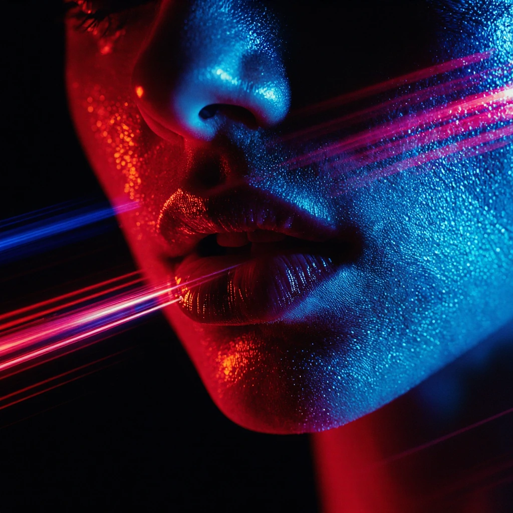 Full-color macro photograph with neon lighting and horizontal light banding, vertical composition, extreme close-up framing, 100mm lens, ultra shallow
