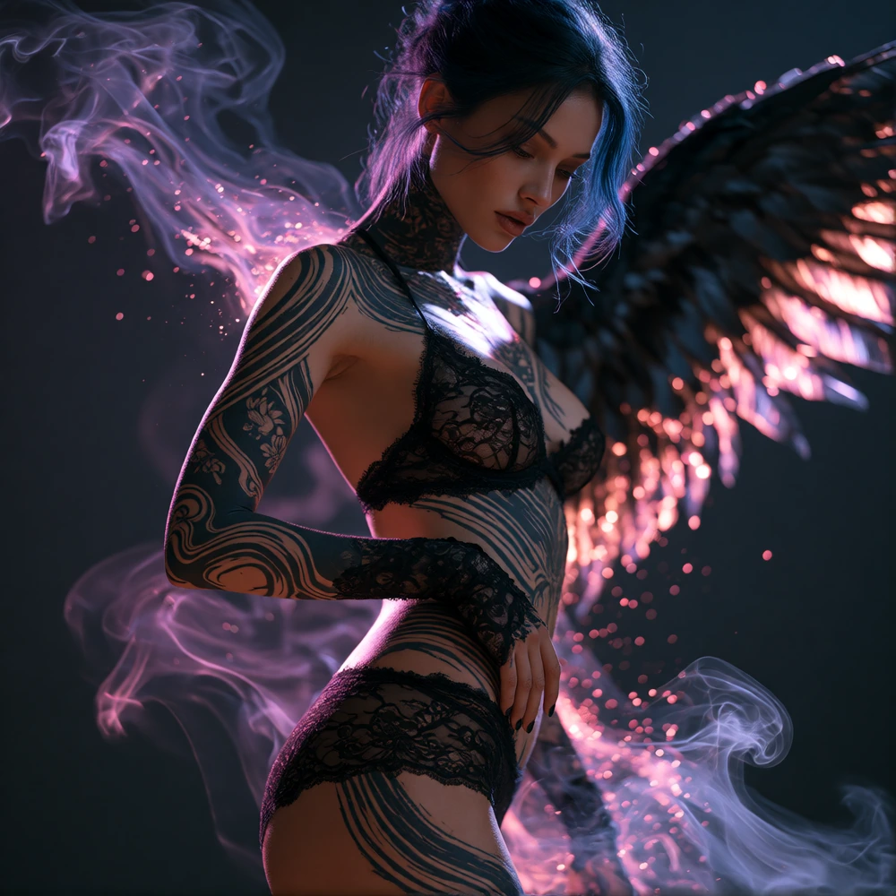 an artistic portrait of a woman with dark angel wings reflecting a pinkish glow. she has shoulder length blue hair draped over her shoulder, downcast 