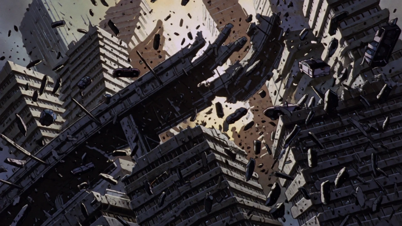 Wideshot apocalyptic city disintegration in Katsuhiro Otomo's hand-drawn style: massive futuristic metropolis exploding simultaneously—buildings fragmenting, roads buckling skyward, vehicles suspended mid-crush. Every piece of debris (concrete chunks