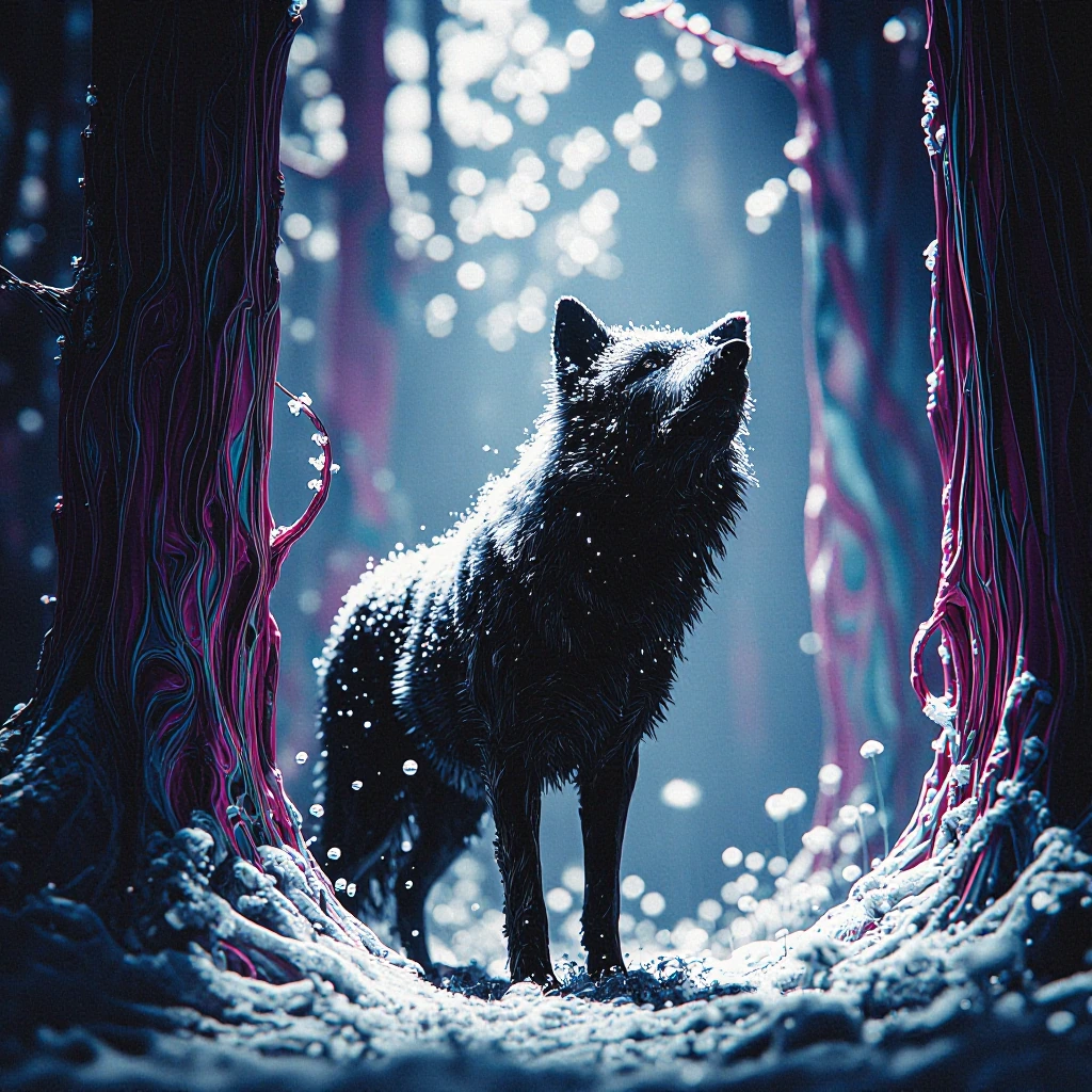 # Winter Guardian A dark wolf stands sentinel in an ethereal forest, its coat dusted with glittering snow that catches the light like scattered diamonds. The creature's piercing gaze cuts through the surreal landscape of twisted, pale tree trunks ado