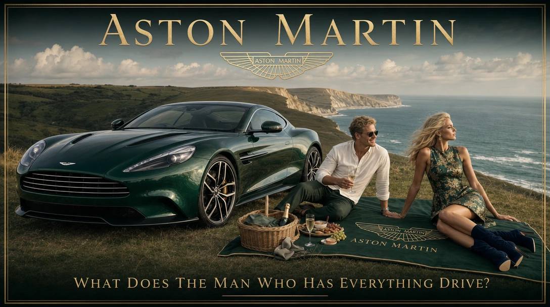 Aston Martin Vanquish; Brunswick Green colour, parked upon the idyllic Dorset hilltop overlooking Golden Cap. A handsome casually well dressed (Off-White Collarless Shirt, Dark Green Chinos) blonde gentleman enjoys a picnic on a blanket (Aston Martin